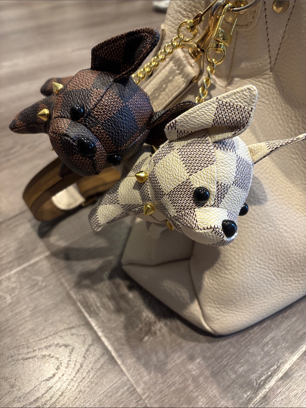 French Bulldog Checkered Bag Charm Keychain Set Brown & White Gold Stud Collar